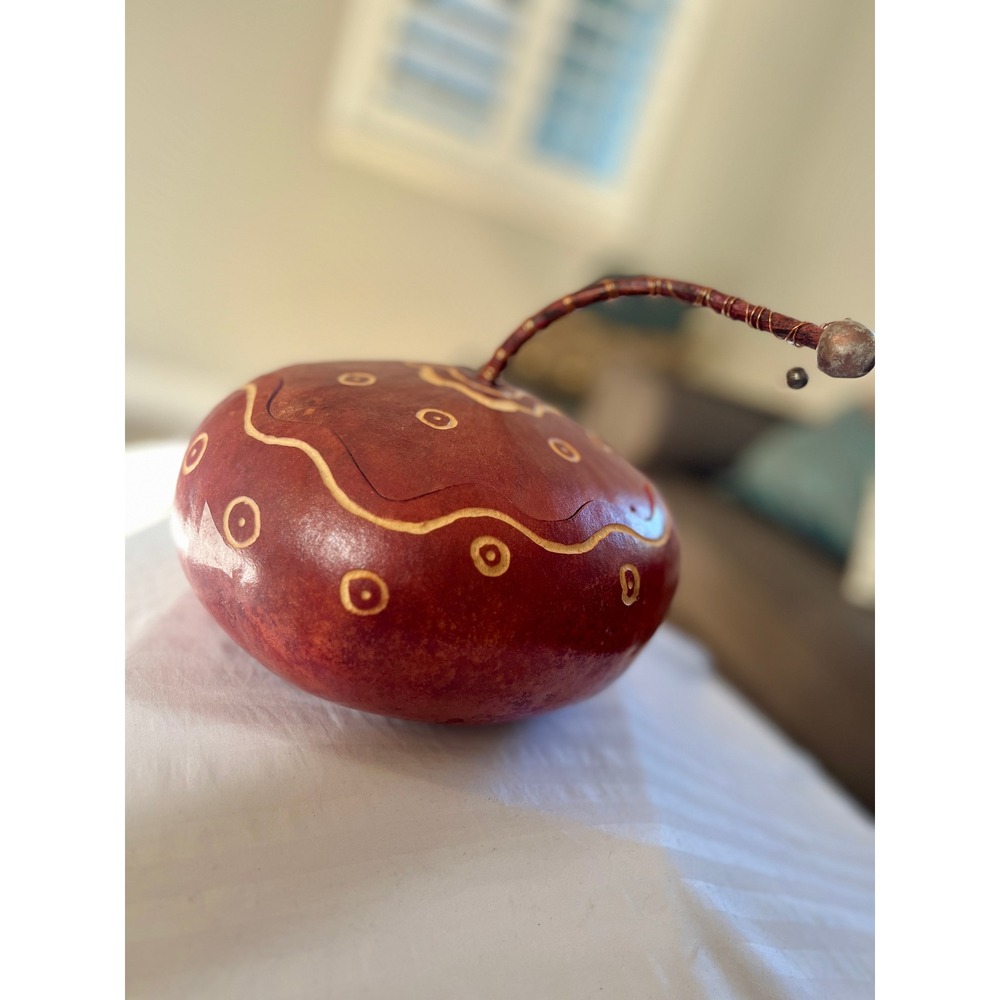 Rae Gallion Signed Hand Carved Gourd Art Vessel 2007 Copper Wire Stem Decor